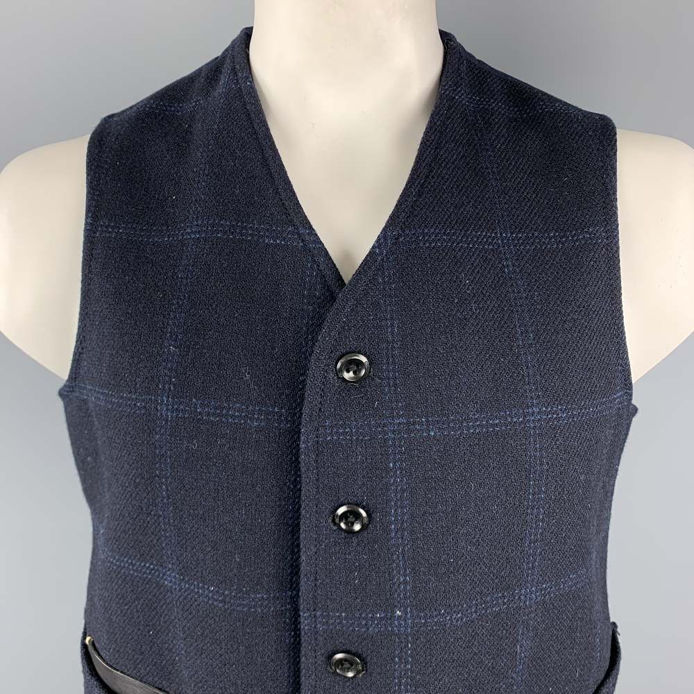 Men's Navy Windowpane Wool Blend Vest - Picture 2 of 6